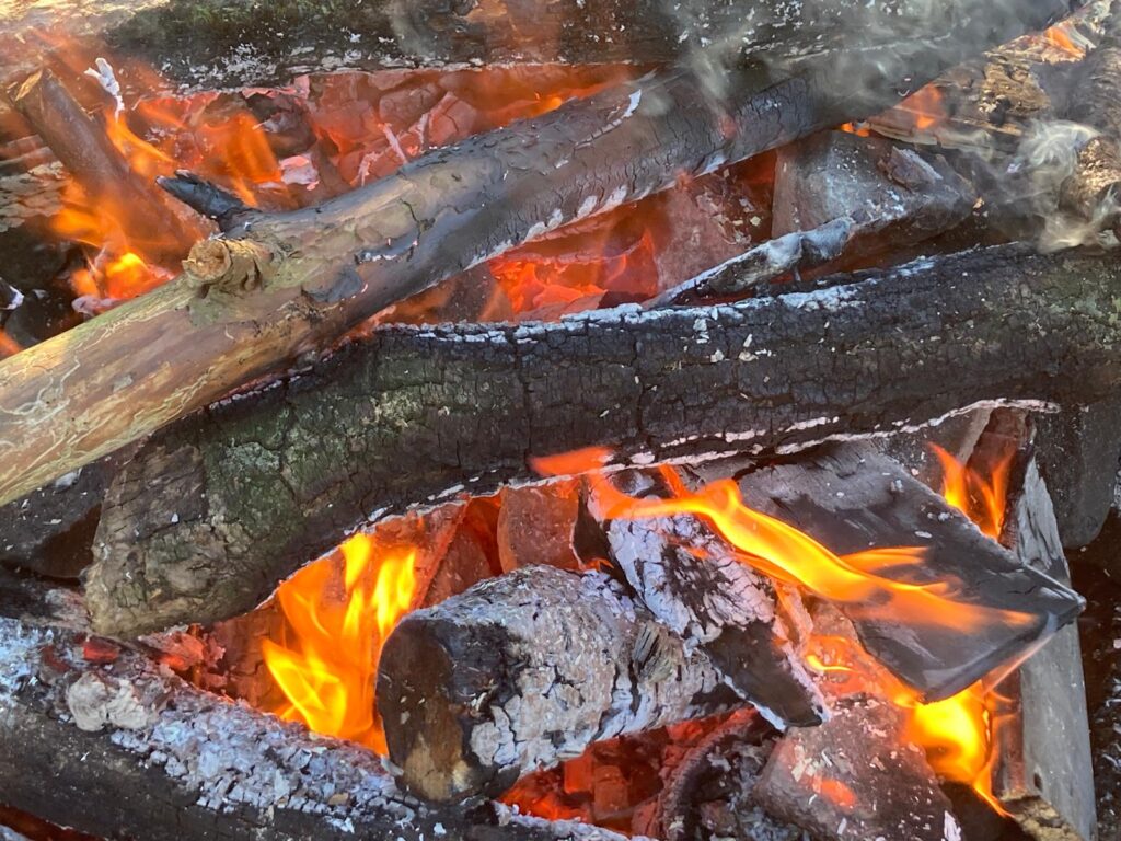 Logs with ashy residue burn over hot fire