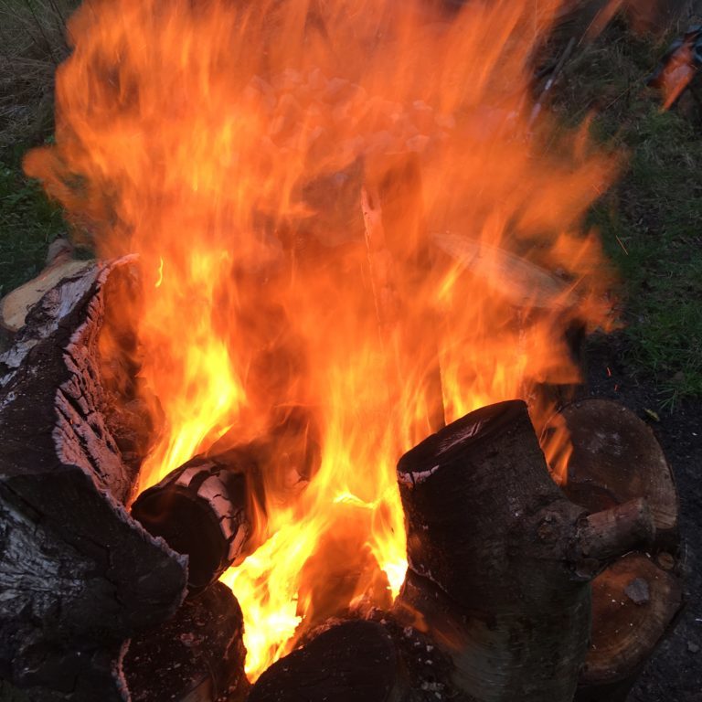 Logs burning with red hot flames